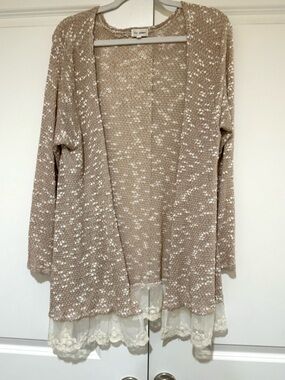 Blu Planet Beige Open Front Lace Trim Cardigan Thin